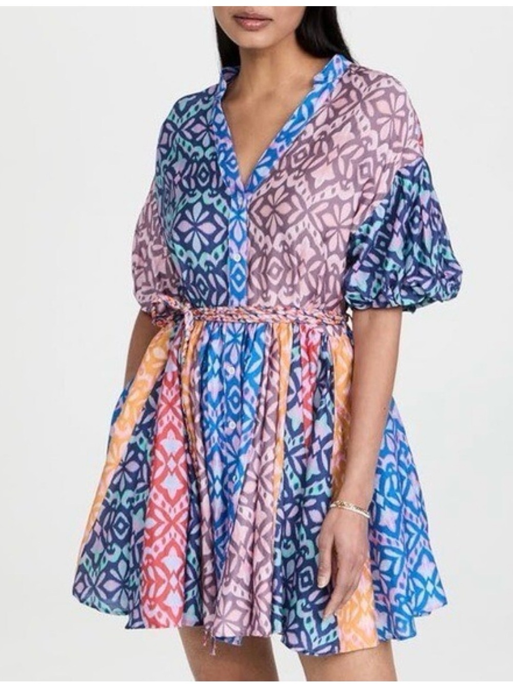 NWT Xirena Multicolor Patterned Short Dress with Puff Sleeves